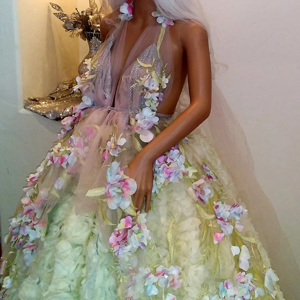 SAMPLE GOWN-HYACINTH Watercolor Rainbow Flower Woodland Princess Bridal Gown Set - Picture 11 of 13
